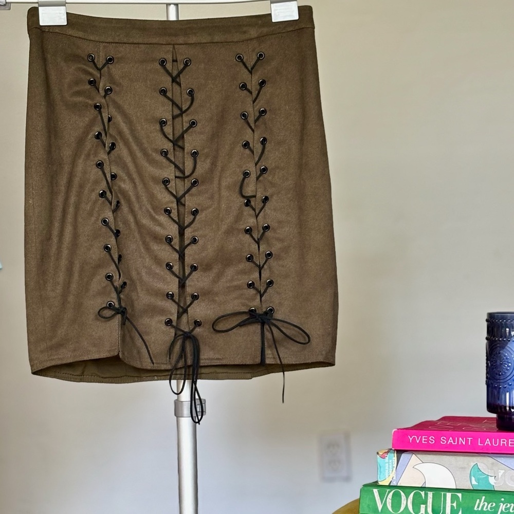 || Mistress Rocks || Mini Skirt || Olive Lace Up || Suede || Size Small ||